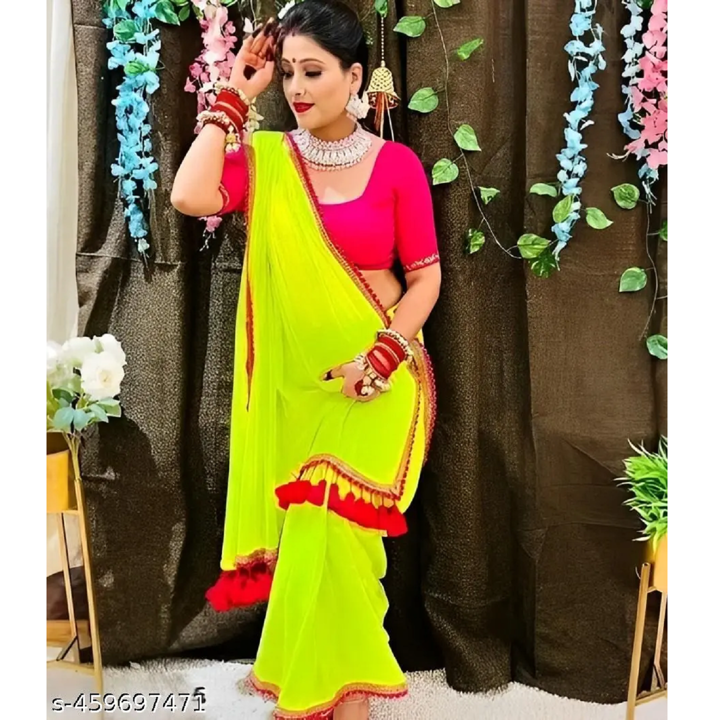 Mint Yellow Solid Georgette Red Lace Saree
